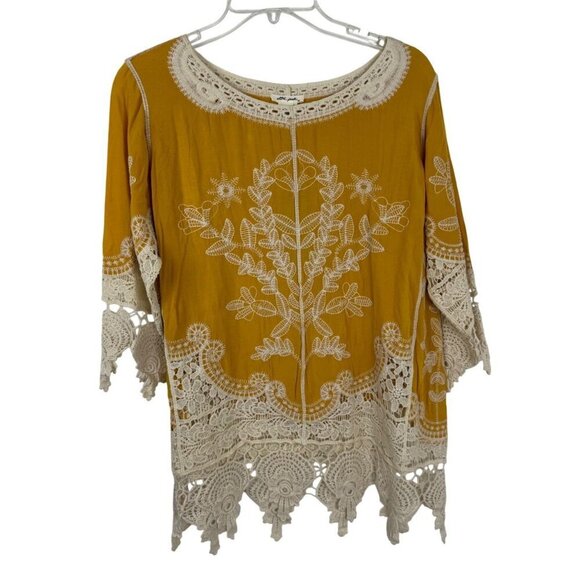 Ultra Pink NEW Gold Cream Embroidered Crochet Blouse Size Medium Summer Fesitval - Picture 1 of 9